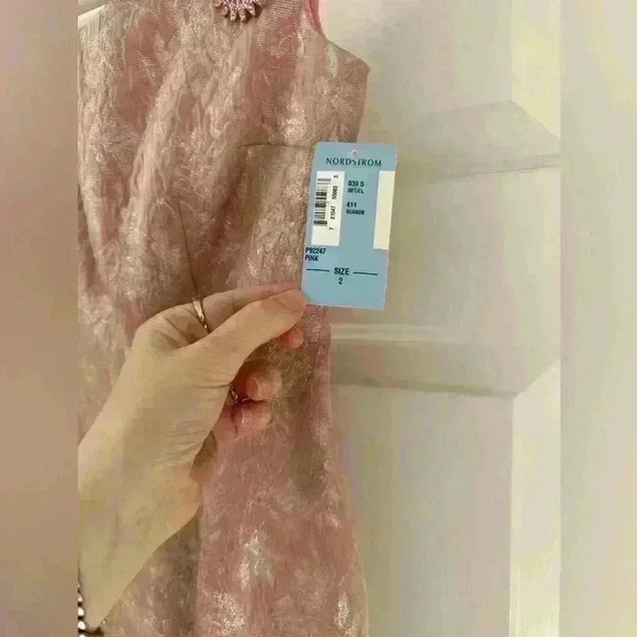 Maggy London Blush Pink Floral Embroidered Knee Length Sheath Dress W/Broach - Picture 5 of 9